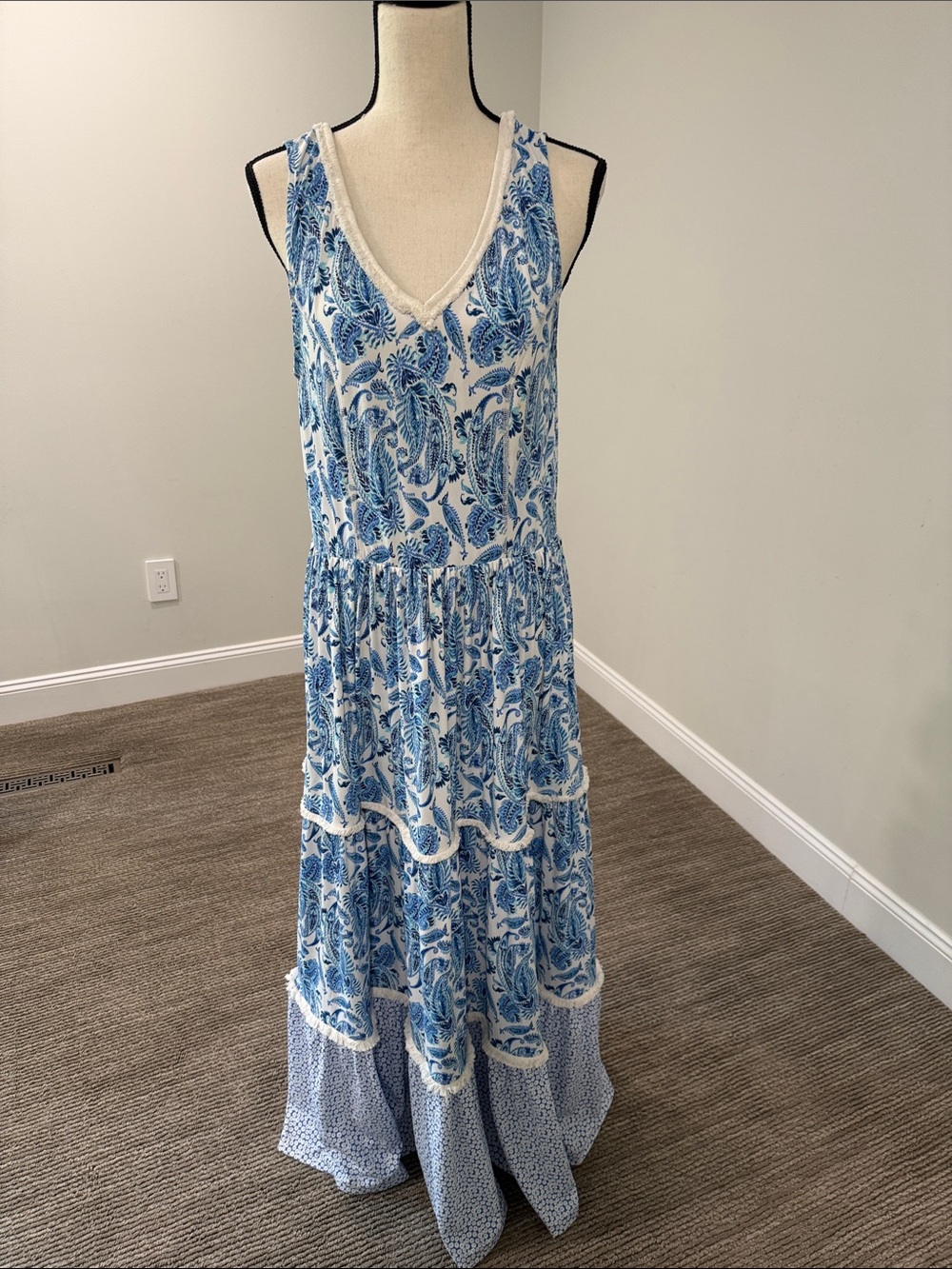 Cabana Life Blue and White Paisley V-Neck Tiered Maxi Dress